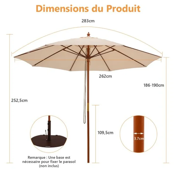 Parasol de Jardin Pliable 2,9M avec Mécanisme de Poulie à Corde Poteau en Bois 8 Baleines en Fibre de Verre pour Cour Bleu