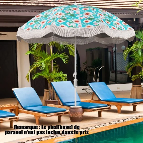 Parasol de Plage de 200 cm avec Franges Bouton Poussoir Inclinable Ancre de Sable 8 Baleines Robustes Sac de Transport Vert