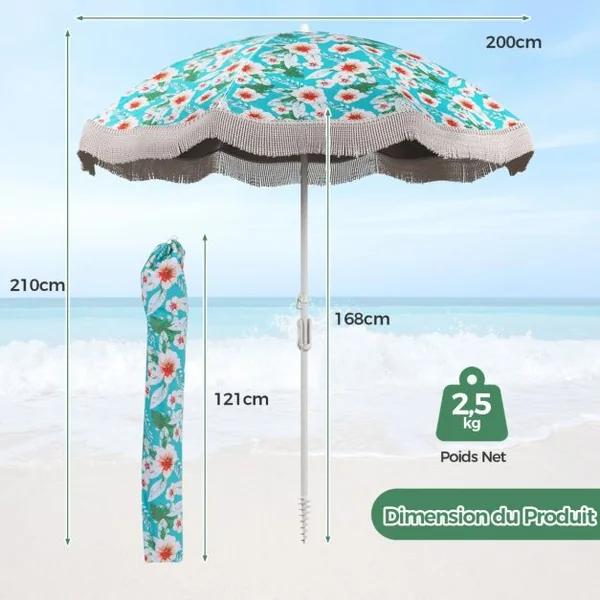 Parasol de Plage de 200 cm avec Franges Bouton Poussoir Inclinable Ancre de Sable 8 Baleines Robustes Sac de Transport Vert