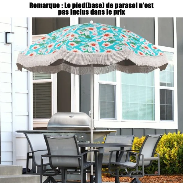 Parasol de Plage de 200 cm avec Franges Bouton Poussoir Inclinable Ancre de Sable 8 Baleines Robustes Sac de Transport Vert