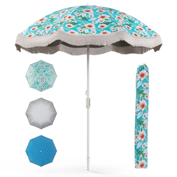 Parasol de Plage de 200 cm avec Franges Bouton Poussoir Inclinable Ancre de Sable 8 Baleines Robustes Sac de Transport Vert