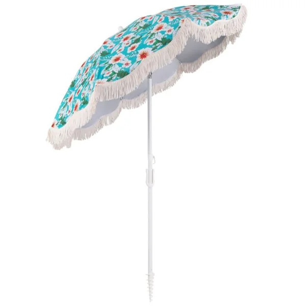 Parasol de Plage de 200 cm avec Franges Bouton Poussoir Inclinable Ancre de Sable 8 Baleines Robustes Sac de Transport Vert