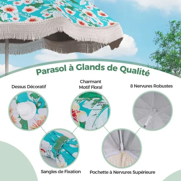 Parasol de Plage de 200 cm avec Franges Bouton Poussoir Inclinable Ancre de Sable 8 Baleines Robustes Sac de Transport Vert