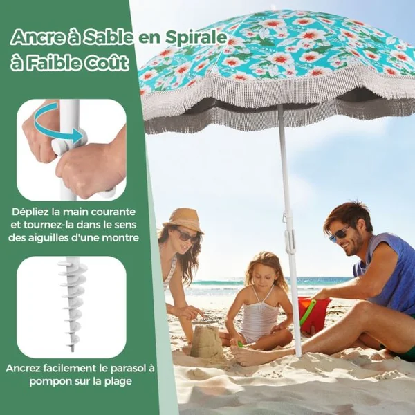 Parasol de Plage de 200 cm avec Franges Bouton Poussoir Inclinable Ancre de Sable 8 Baleines Robustes Sac de Transport Vert