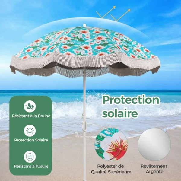 Parasol de Plage de 200 cm avec Franges Bouton Poussoir Inclinable Ancre de Sable 8 Baleines Robustes Sac de Transport Vert