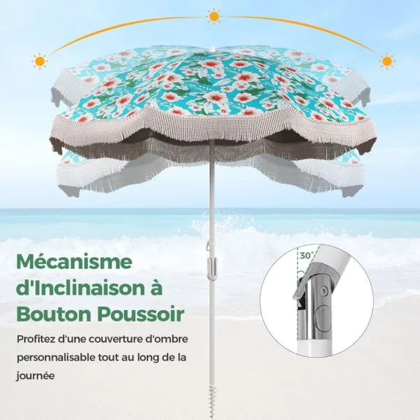 Parasol de Plage de 200 cm avec Franges Bouton Poussoir Inclinable Ancre de Sable 8 Baleines Robustes Sac de Transport Vert