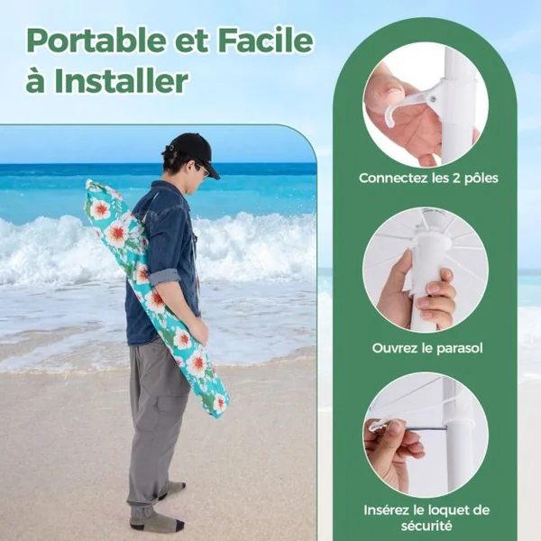 Parasol de Plage de 200 cm avec Franges Bouton Poussoir Inclinable Ancre de Sable 8 Baleines Robustes Sac de Transport Vert