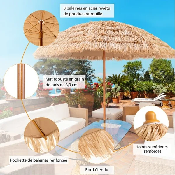 Parasol de Plage en Chaume PP 7 Couches 243CM de Style Hawaïen Parasol Tropical Portable 8 Baleines en Métal Bouton-Pression Imperméable pour Cour Bord de Piscine