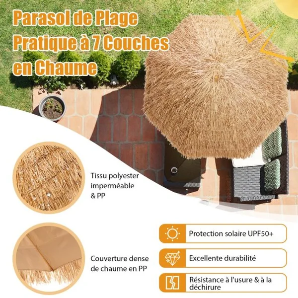 Parasol de Plage en Chaume PP 7 Couches 243CM de Style Hawaïen Parasol Tropical Portable 8 Baleines en Métal Bouton-Pression Imperméable pour Cour Bord de Piscine