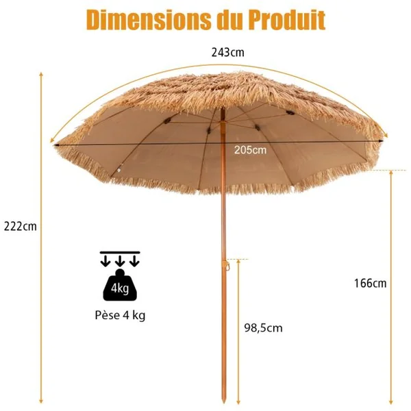 Parasol de Plage en Chaume PP 7 Couches 243CM de Style Hawaïen Parasol Tropical Portable 8 Baleines en Métal Bouton-Pression Imperméable pour Cour Bord de Piscine