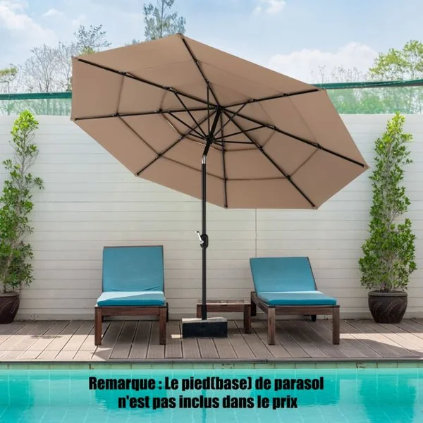 Parasol de Terrasse 3M à 3 Niveaux Parapluie d'extérieur Double Ventilé Inclinaison à Bouton-poussoir Beige