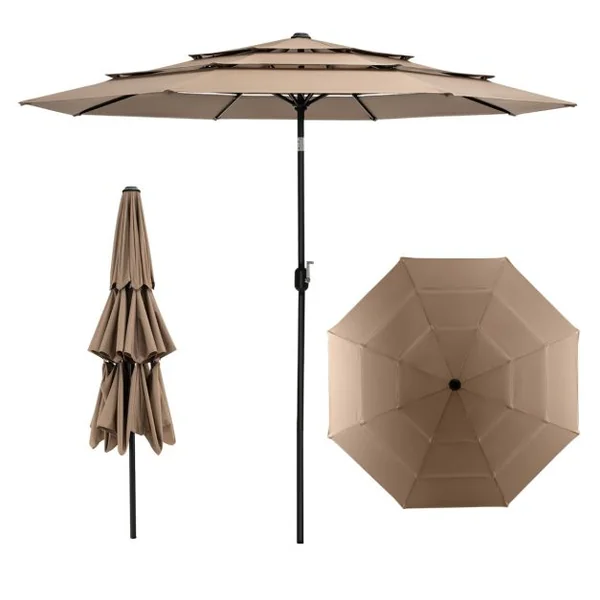Parasol de Terrasse 3M à 3 Niveaux Parapluie d'extérieur Double Ventilé Inclinaison à Bouton-poussoir Beige