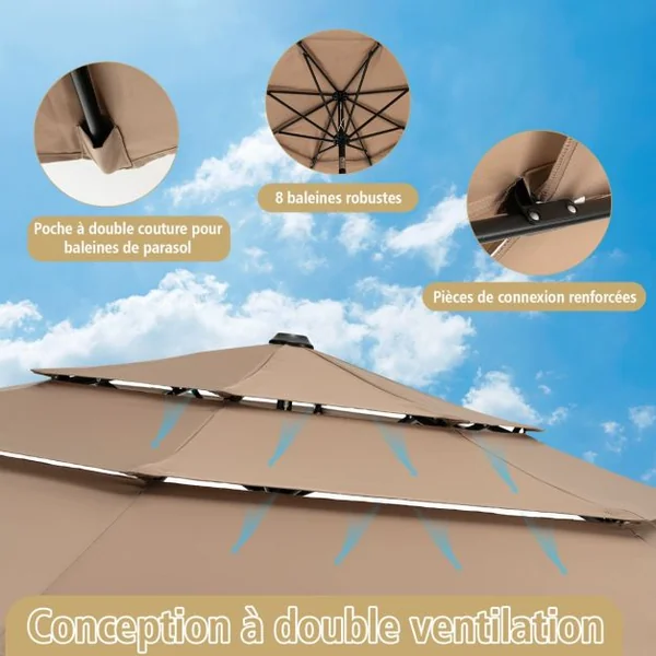Parasol de Terrasse 3M à 3 Niveaux Parapluie d'extérieur Double Ventilé Inclinaison à Bouton-poussoir Beige