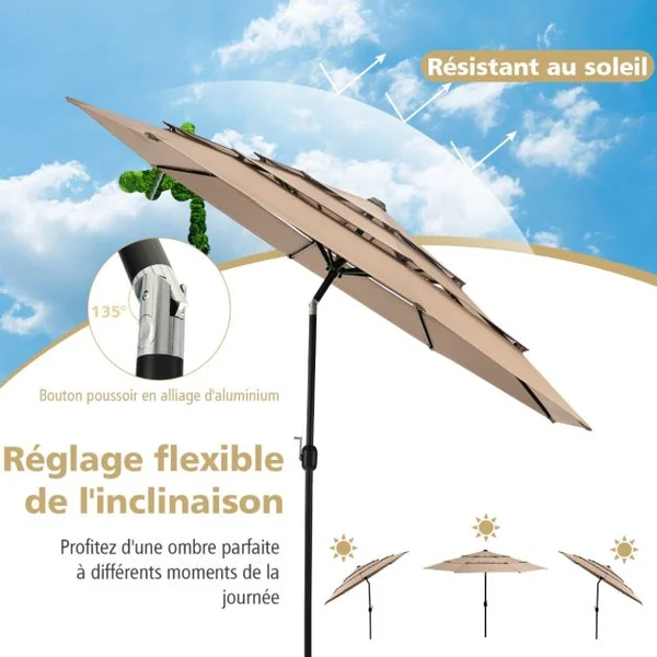 Parasol de Terrasse 3M à 3 Niveaux Parapluie d'extérieur Double Ventilé Inclinaison à Bouton-poussoir Beige