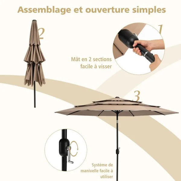 Parasol de Terrasse 3M à 3 Niveaux Parapluie d'extérieur Double Ventilé Inclinaison à Bouton-poussoir Beige