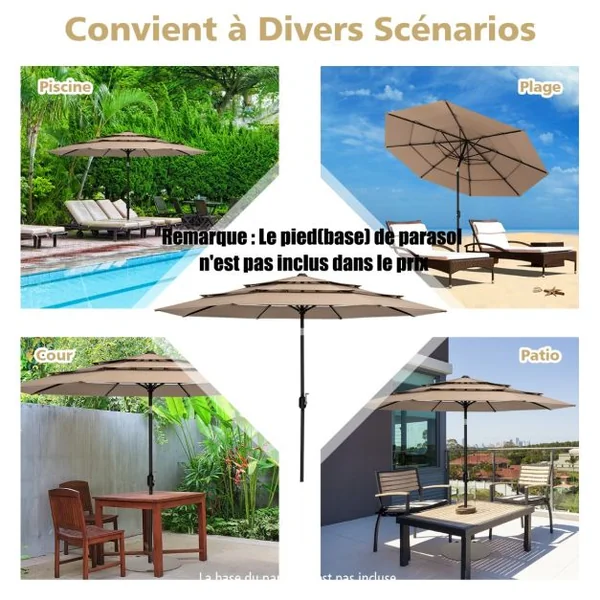 Parasol de Terrasse 3M à 3 Niveaux Parapluie d'extérieur Double Ventilé Inclinaison à Bouton-poussoir Beige
