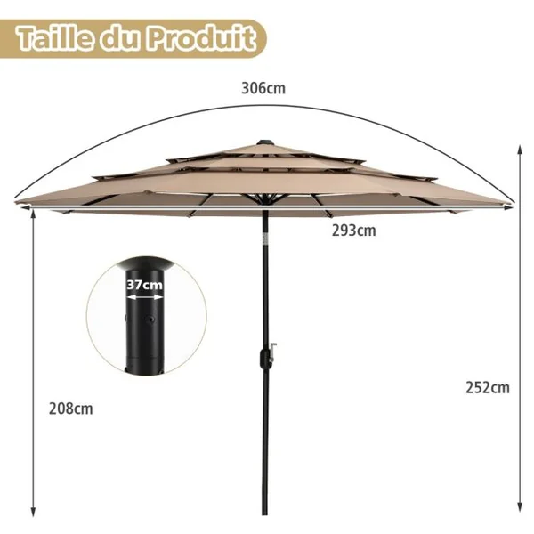 Parasol de Terrasse 3M à 3 Niveaux Parapluie d'extérieur Double Ventilé Inclinaison à Bouton-poussoir Beige