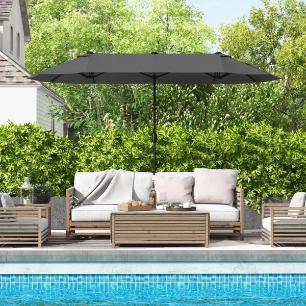 Parasol de Terrasse Double de 340 Cm de Haut Extra Large 396 Cm Manivelle Base Lestée Verrouillage Évent Déporté Beige