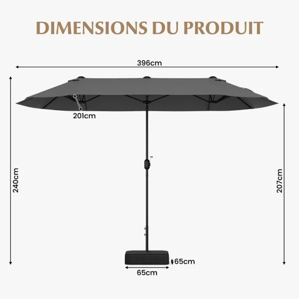 Parasol de Terrasse Double de 340 Cm de Haut Extra Large 396 Cm Manivelle Base Lestée Verrouillage Évent Déporté Beige