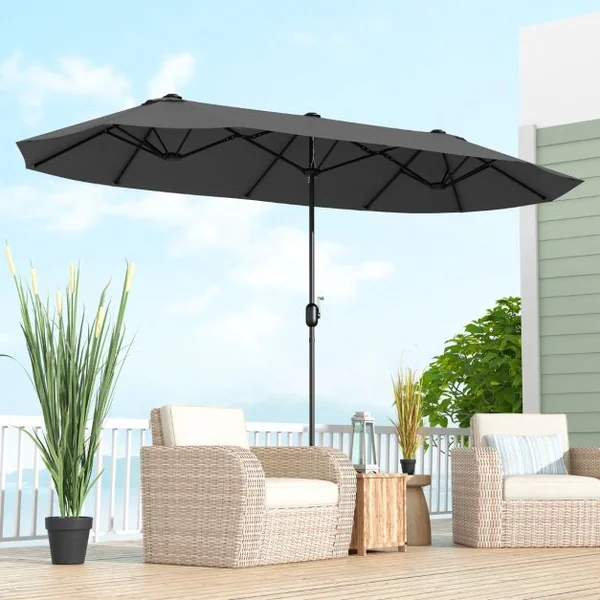 Parasol de Terrasse Double de 340 Cm de Haut Extra Large 396 Cm Manivelle Base Lestée Verrouillage Évent Déporté Beige