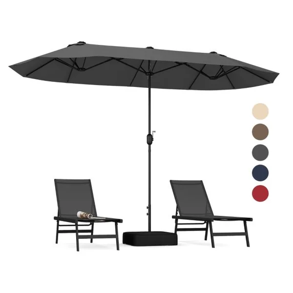 Parasol de Terrasse Double de 340 Cm de Haut Extra Large 396 Cm Manivelle Base Lestée Verrouillage Évent Déporté Beige