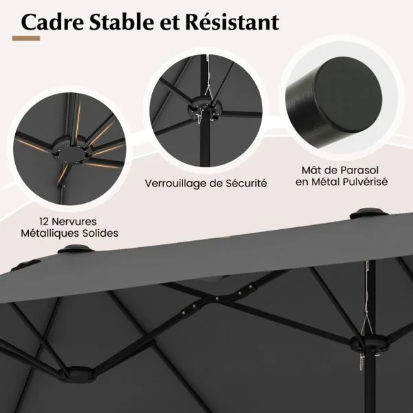 Parasol de Terrasse Double de 340 Cm de Haut Extra Large 396 Cm Manivelle Base Lestée Verrouillage Évent Déporté Beige