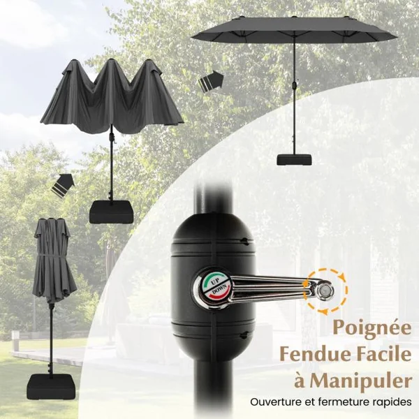 Parasol de Terrasse Double de 340 Cm de Haut Extra Large 396 Cm Manivelle Base Lestée Verrouillage Évent Déporté Beige
