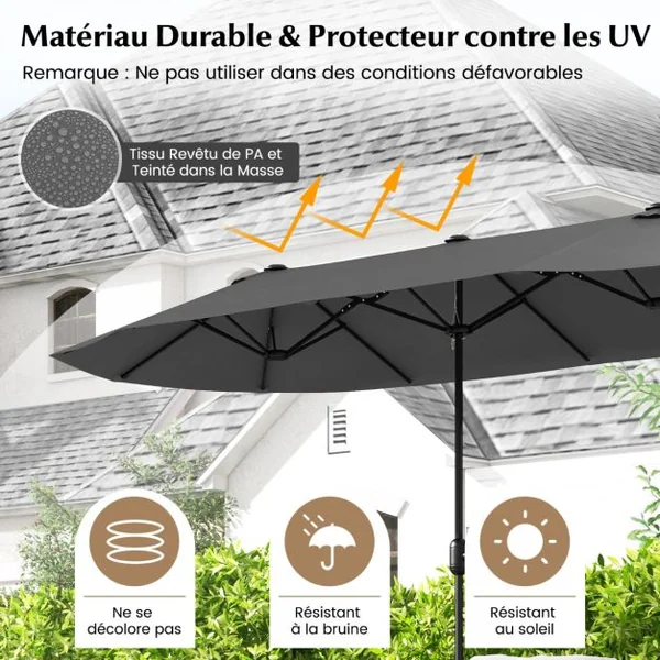 Parasol de Terrasse Double de 340 Cm de Haut Extra Large 396 Cm Manivelle Base Lestée Verrouillage Évent Déporté Beige