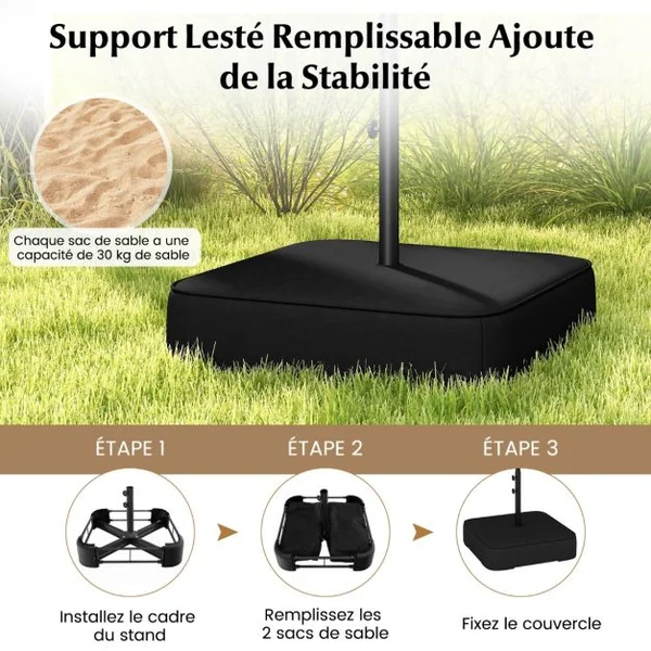 Parasol de Terrasse Double de 340 Cm de Haut Extra Large 396 Cm Manivelle Base Lestée Verrouillage Évent Déporté Beige