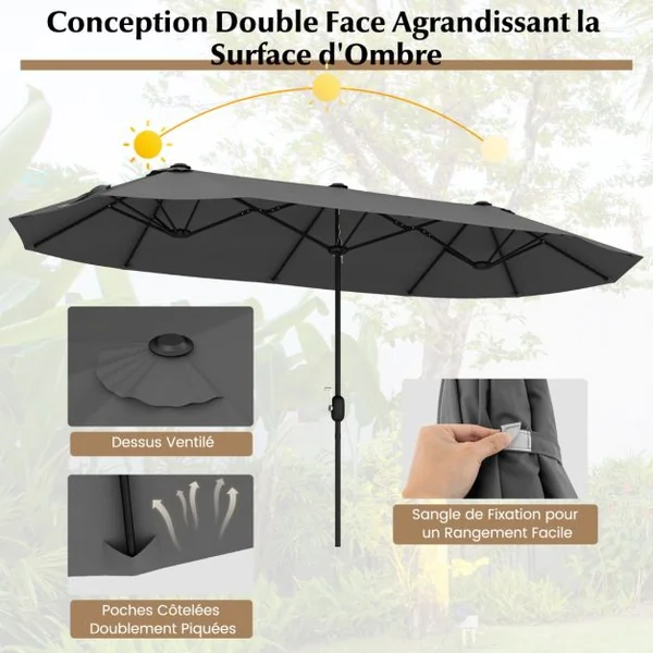 Parasol de Terrasse Double de 340 Cm de Haut Extra Large 396 Cm Manivelle Base Lestée Verrouillage Évent Déporté Beige