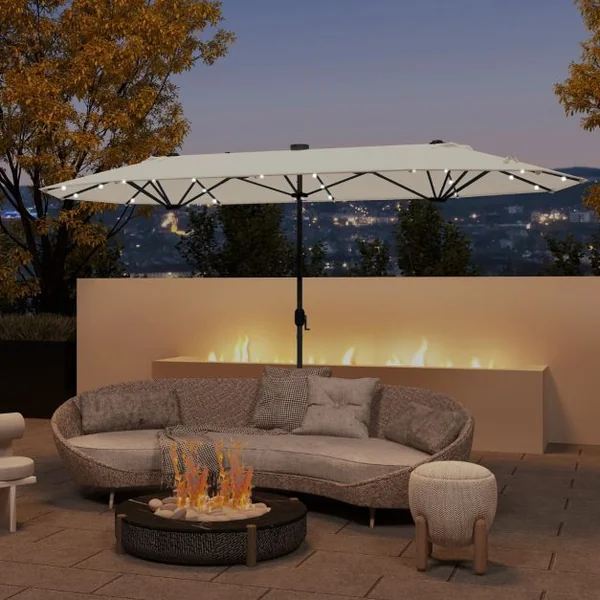 Parasol de Terrasse Double Face de 400 cm avec Lampes Solaires avec Manivelle Base de Parasol Incluse Beige