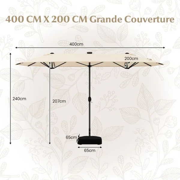 Parasol de Terrasse Double Face de 400 cm avec Lampes Solaires avec Manivelle Base de Parasol Incluse Beige