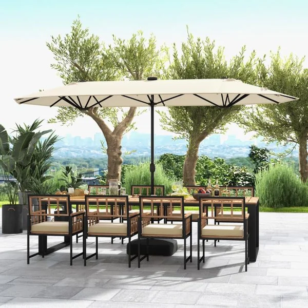 Parasol de Terrasse Double Face de 400 cm avec Lampes Solaires avec Manivelle Base de Parasol Incluse Beige