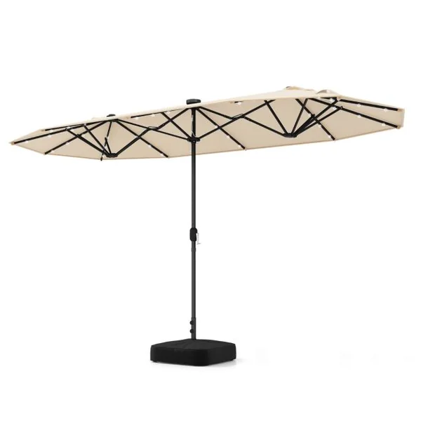 Parasol de Terrasse Double Face de 400 cm avec Lampes Solaires avec Manivelle Base de Parasol Incluse Beige