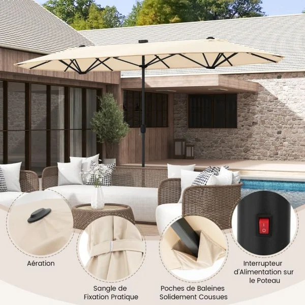Parasol de Terrasse Double Face de 400 cm avec Lampes Solaires avec Manivelle Base de Parasol Incluse Beige