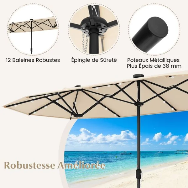 Parasol de Terrasse Double Face de 400 cm avec Lampes Solaires avec Manivelle Base de Parasol Incluse Beige