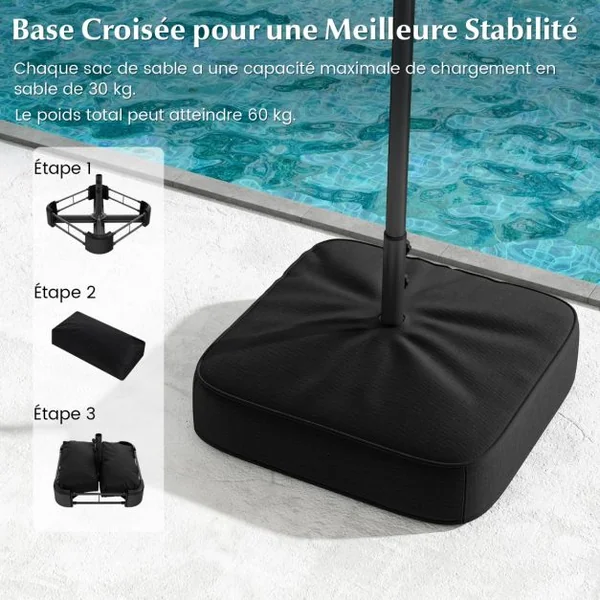 Parasol de Terrasse Double Face de 400 cm avec Lampes Solaires avec Manivelle Base de Parasol Incluse Beige