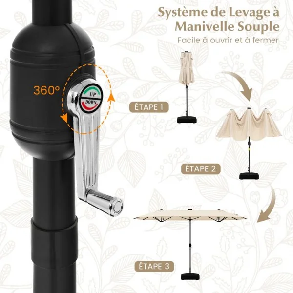 Parasol de Terrasse Double Face de 400 cm avec Lampes Solaires avec Manivelle Base de Parasol Incluse Beige