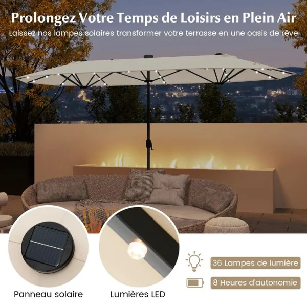 Parasol de Terrasse Double Face de 400 cm avec Lampes Solaires avec Manivelle Base de Parasol Incluse Beige