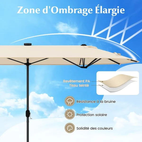 Parasol de Terrasse Double Face de 400 cm avec Lampes Solaires avec Manivelle Base de Parasol Incluse Beige