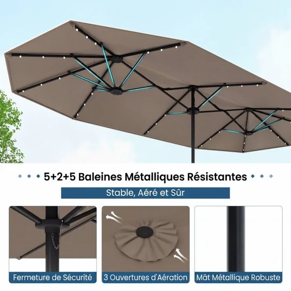 Parasol de Terrasse Double Face de 400 cm avec Lampes Solaires avec Manivelle Base de Parasol Incluse Marron