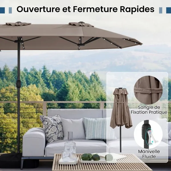 Parasol de Terrasse Double Face de 400 cm avec Lampes Solaires avec Manivelle Base de Parasol Incluse Marron