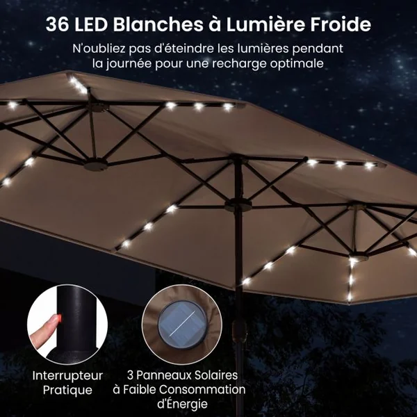 Parasol de Terrasse Double Face de 400 cm avec Lampes Solaires avec Manivelle Base de Parasol Incluse Marron