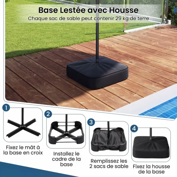 Parasol de Terrasse Double Face de 400 cm avec Lampes Solaires avec Manivelle Base de Parasol Incluse Marron