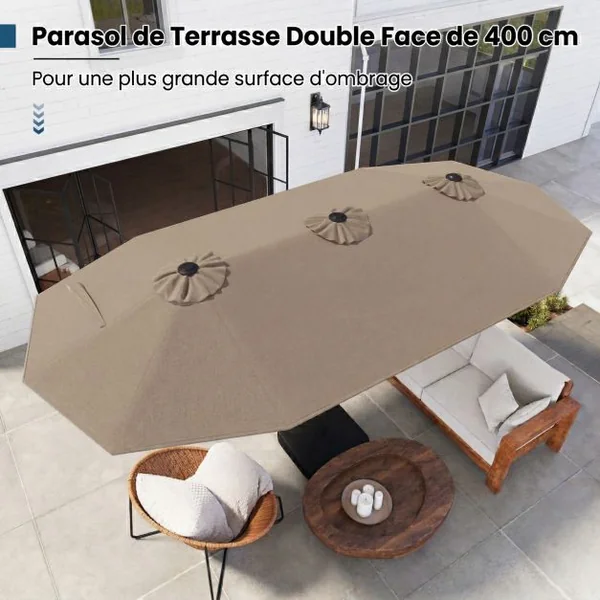 Parasol de Terrasse Double Face de 400 cm avec Lampes Solaires avec Manivelle Base de Parasol Incluse Marron