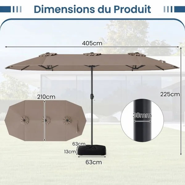 Parasol de Terrasse Double Face de 400 cm avec Lampes Solaires avec Manivelle Base de Parasol Incluse Marron
