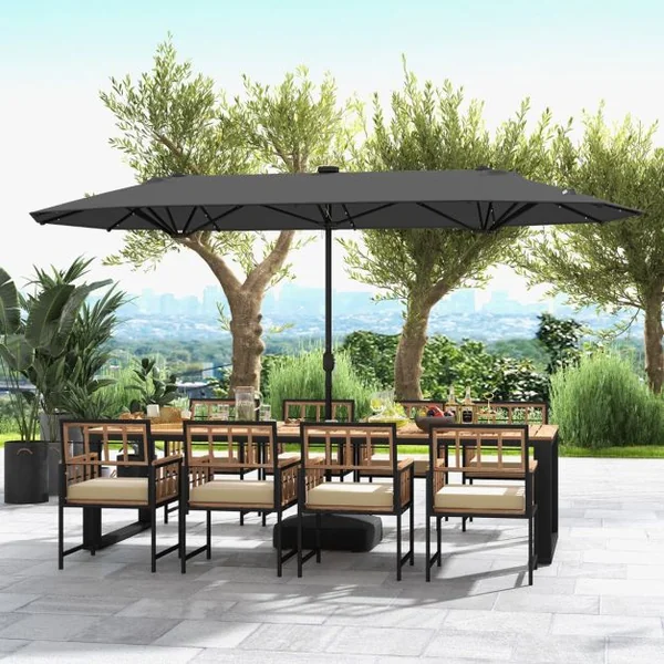 Parasol de Terrasse Double Face de 400 cm avec Lampes Solaires avec Manivelle Base de Parasol Incluse Noir