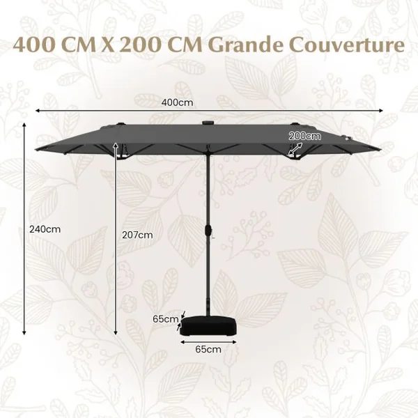 Parasol de Terrasse Double Face de 400 cm avec Lampes Solaires avec Manivelle Base de Parasol Incluse Noir