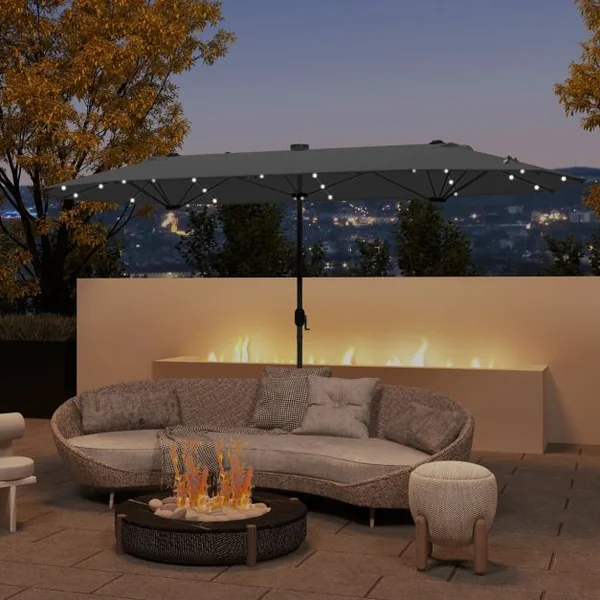 Parasol de Terrasse Double Face de 400 cm avec Lampes Solaires avec Manivelle Base de Parasol Incluse Noir