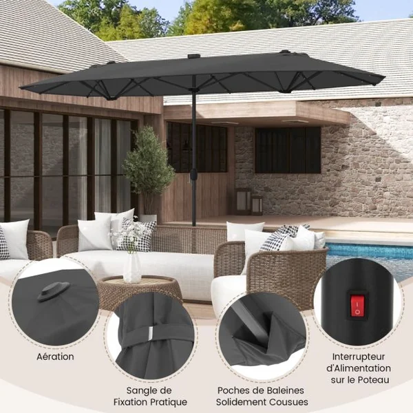 Parasol de Terrasse Double Face de 400 cm avec Lampes Solaires avec Manivelle Base de Parasol Incluse Noir